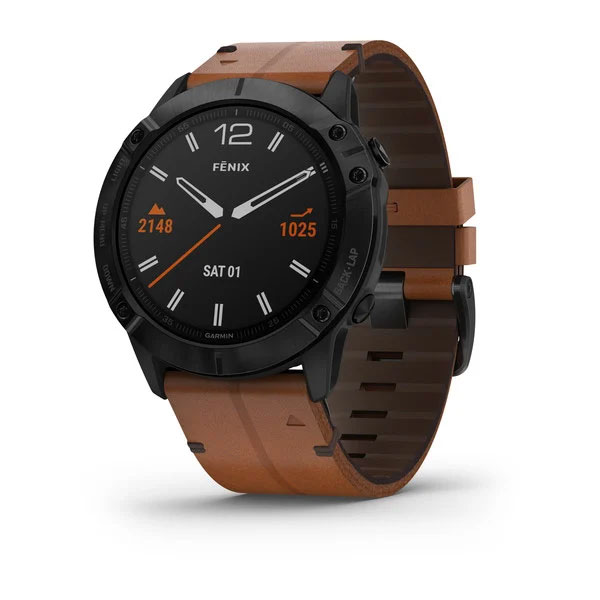 Garmin Fenix 6X Sapphire Black DLC with Chestnut Leather Band 